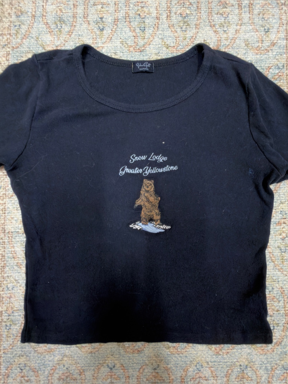 Brandy Melville navy Short-Sleeve cropped tee with Bear Embroidery